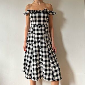 Reformation Dress -Hattie Linen Midi Gingham Off the Shoulder Dress